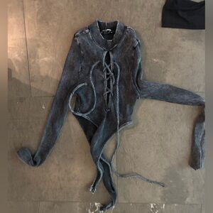 Chunky Rib Lace-Up Bodysuit - Gray